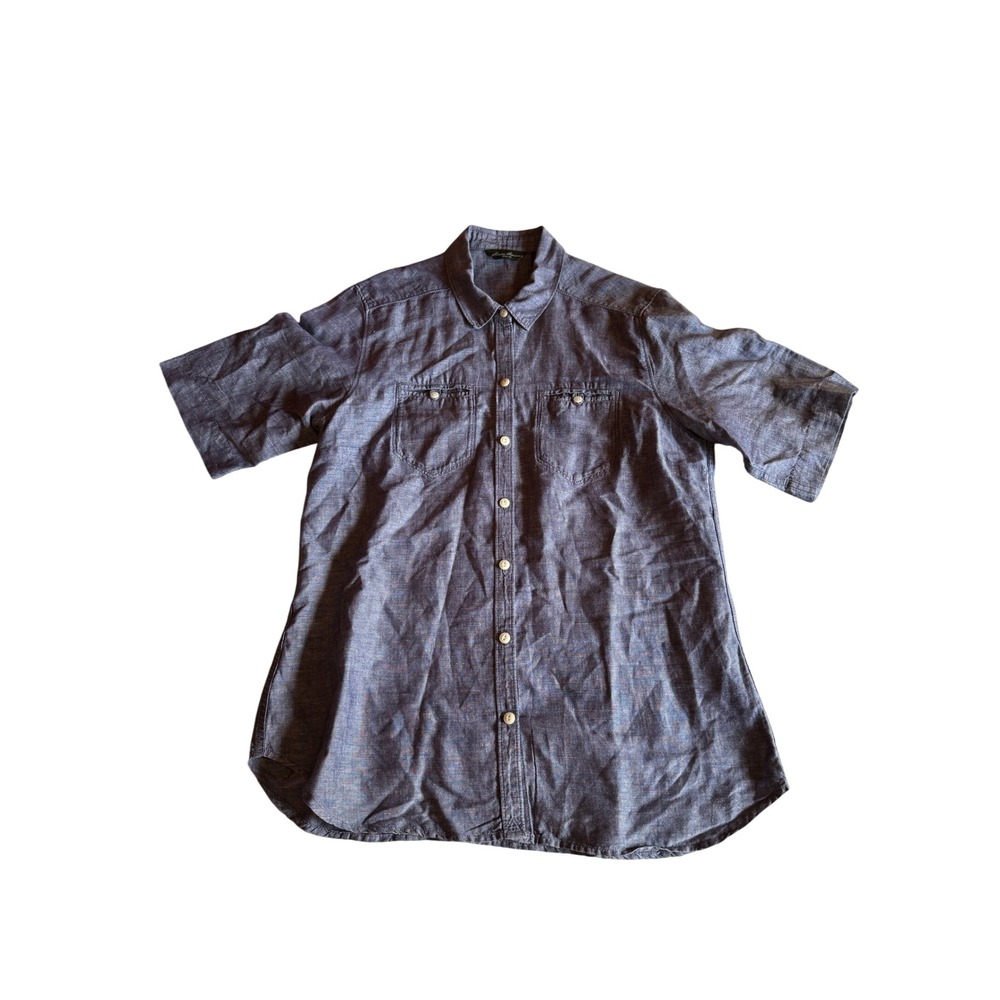 Eddie Bauer Womens Blue Linen Cotton Short Sleeve Button Down Shirt Petite M